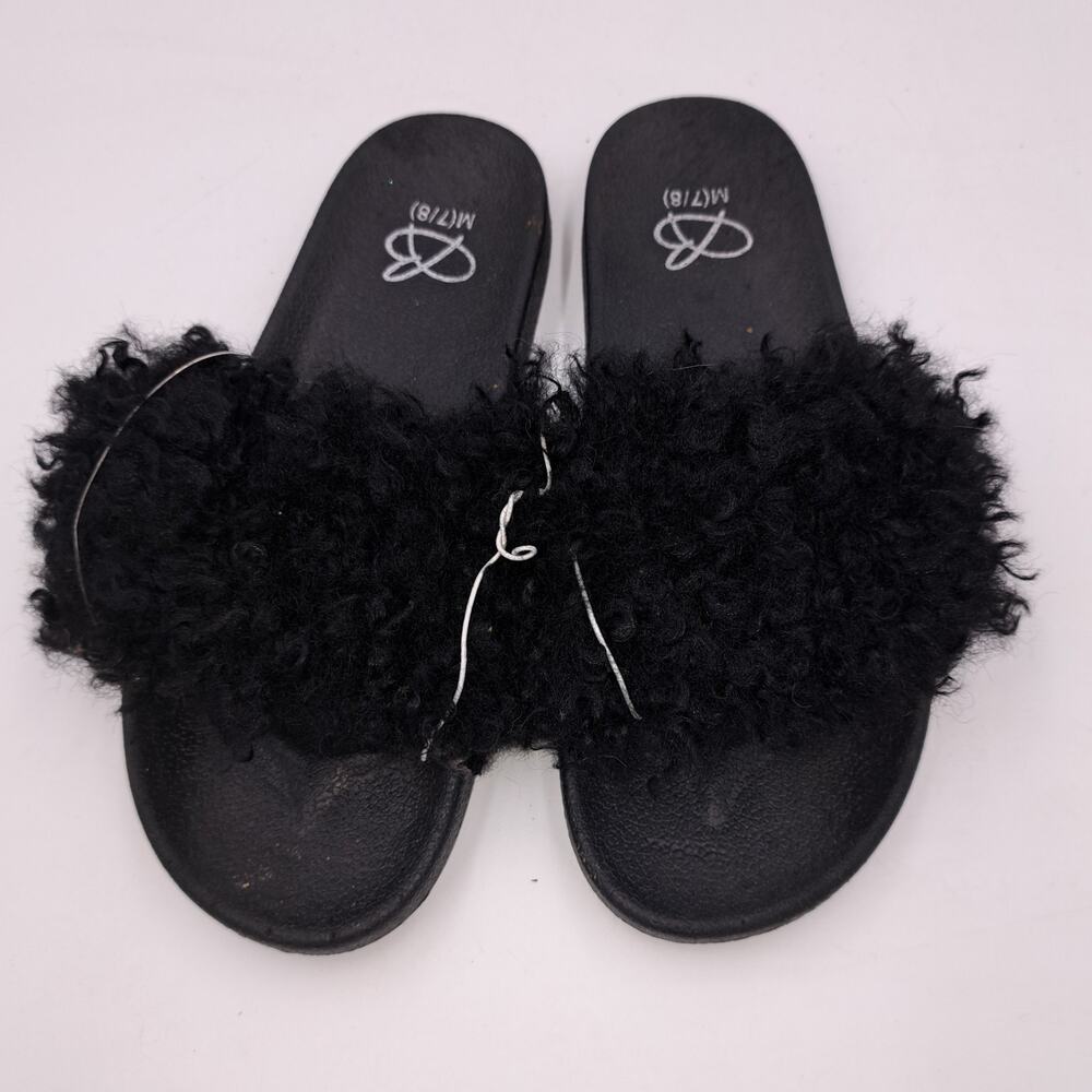 Bobbie Brooks Black M 7-8 Flat Fuzzy Slip-On Summer Sandals Slides